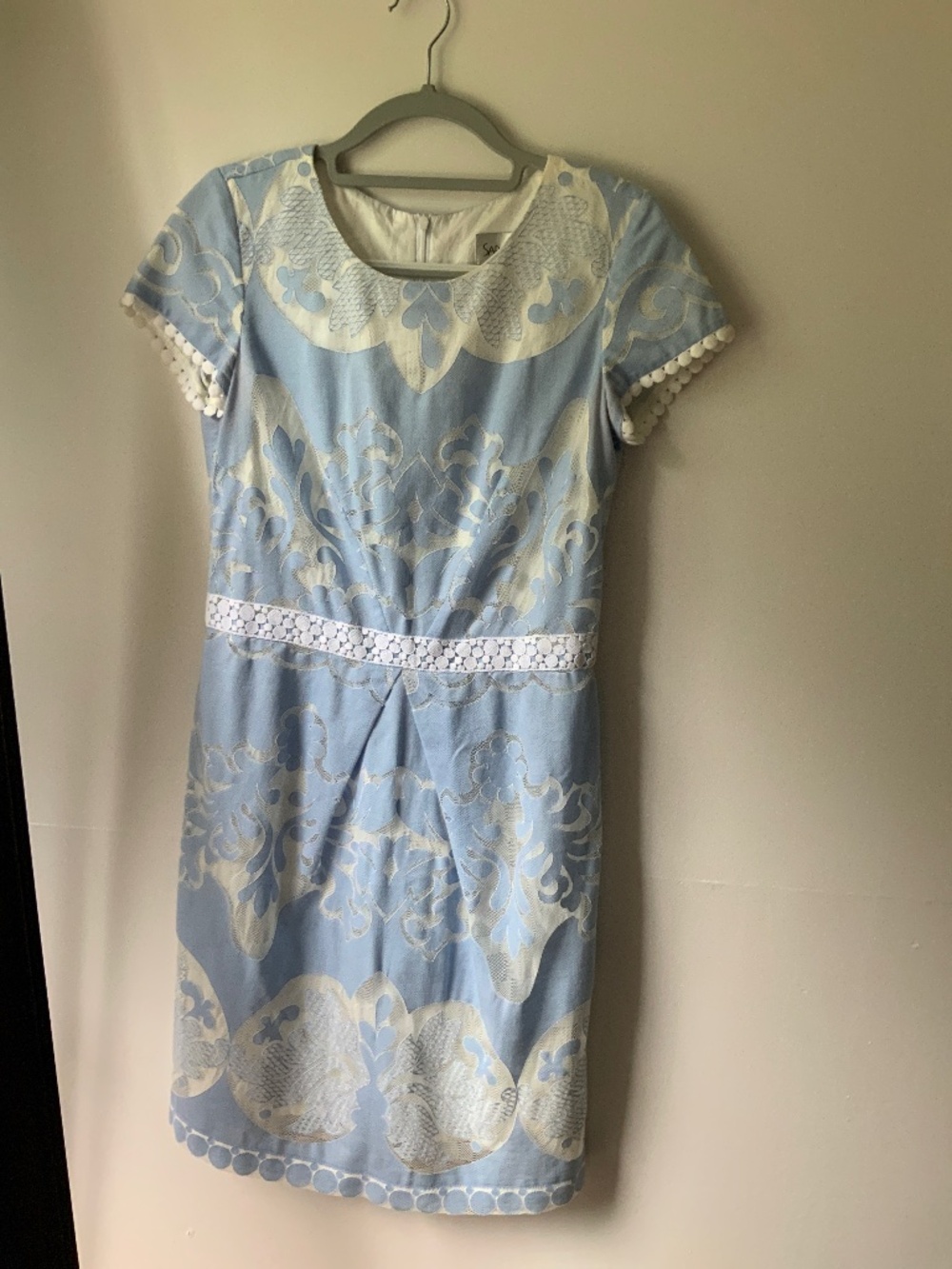 Sara Campbell Blue White Lace Overlay Short Sleeve Dress Size 8